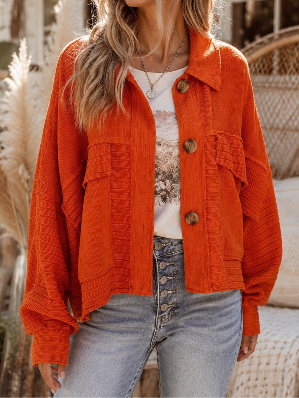 Bucket List Oversized Ribbed Knit Cropped Shacket Top Orange Size Medium